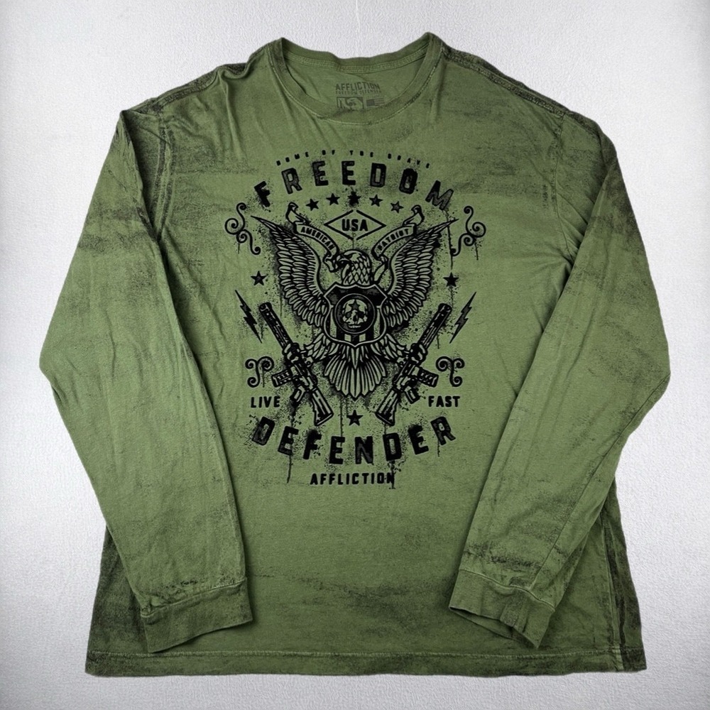Affliction Freedom Defender Mens 2XL Green Long Sleeve Graphic T-Shirt Eagle USA